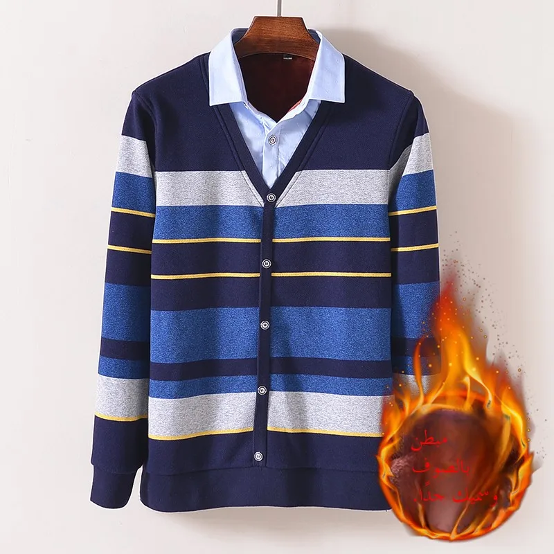 

Men's Faion Thiened Fce Lined Stripe Knit Sweater Fake Two-Piece Velvet Knitted irt Collar Long Sve Winter Casual