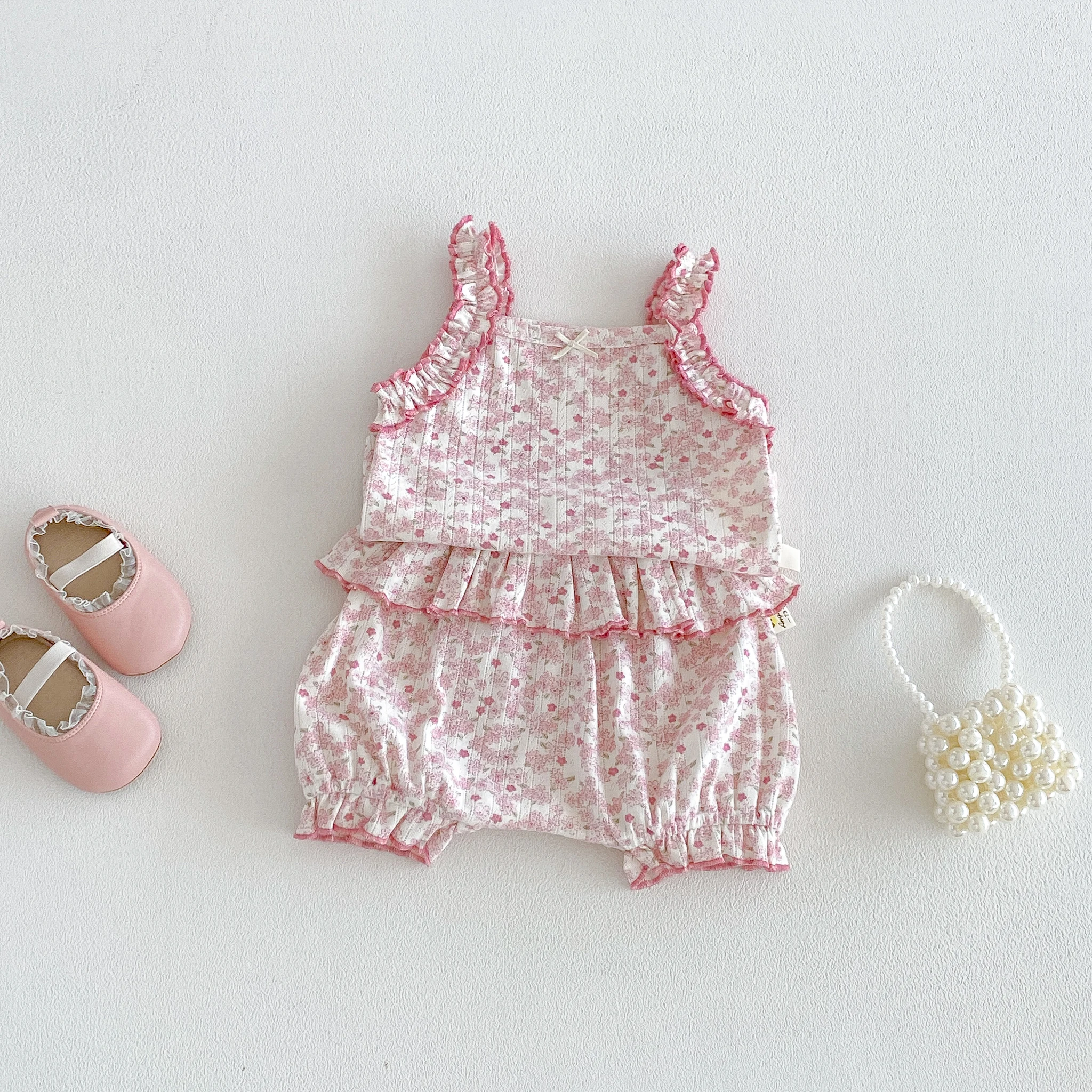 Summer 2026 Baby Girl Halter Dress Set with Floral Print, Sleeveless and Cute Thin Fabric Set for Infants