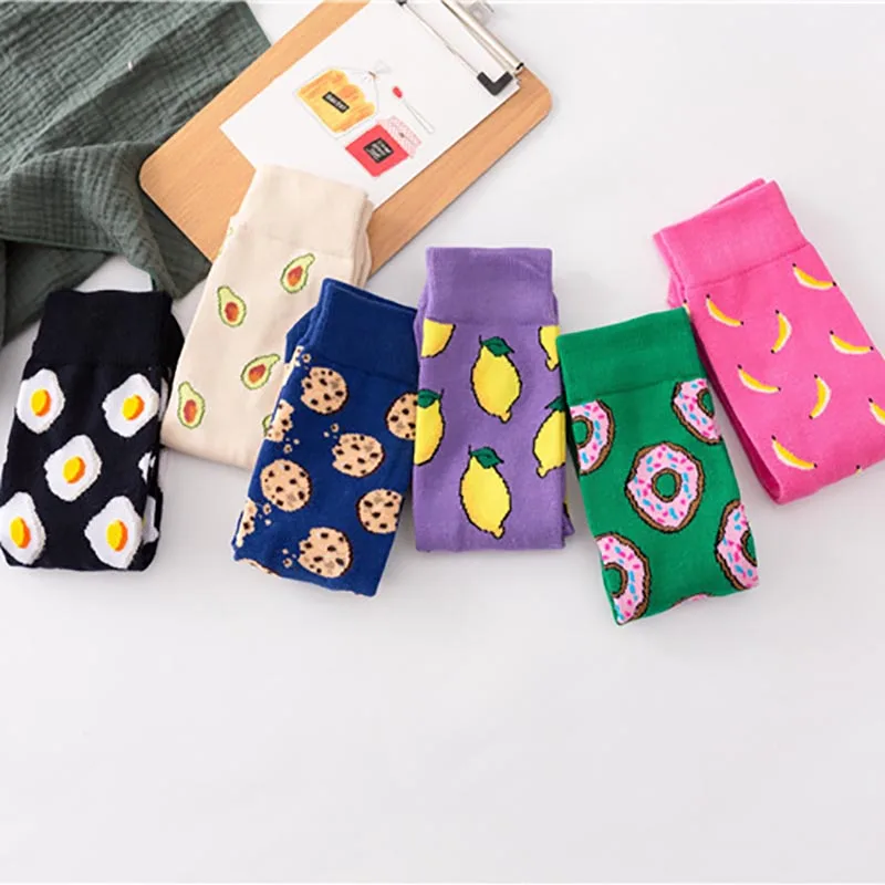 Harajuku Style Women Socks Autumn Winte Avocado fries Egg Fun Color Fashion Funny Quirky Comfortable Cotton Ladies Socks SK25