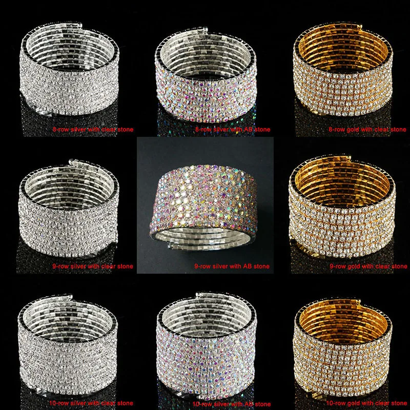 7-10 Rows Rhinestone Bangle Bracelet Silver Plated and Gold Color Metal Sparkly AB Crystal Indian Bangles for Women