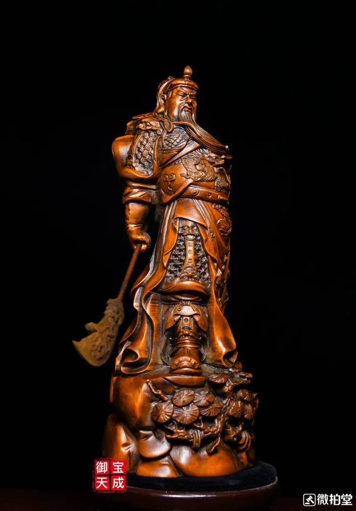 Chinese Boxwood Wood Carved Dragon Warrior Wealth Mammon Guan Gong Yu God Statue view 3