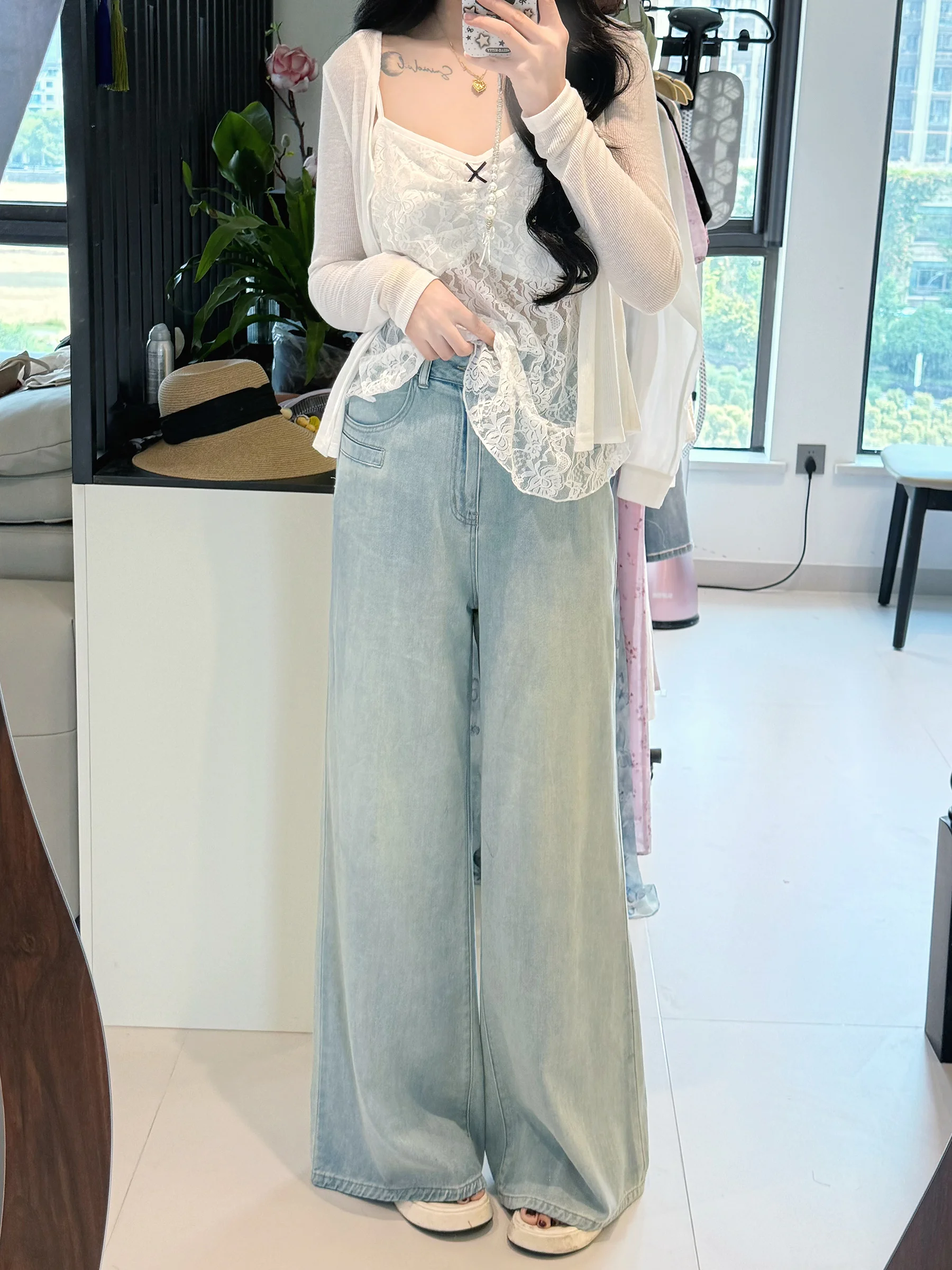 Washed Blue Wide Leg Jeans Women Summer Loose Fit Slimming Thin Denim Cleanfit Style Natural Waist Straight Tube Pants