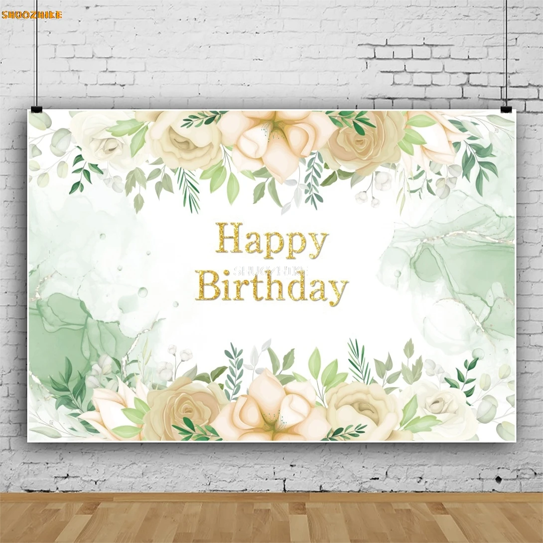 

Greenery Happy Birthday Backdrop Green Eucalyptus Watercolor Leaf White Rose Flower Birthday Party Background Photo Studio