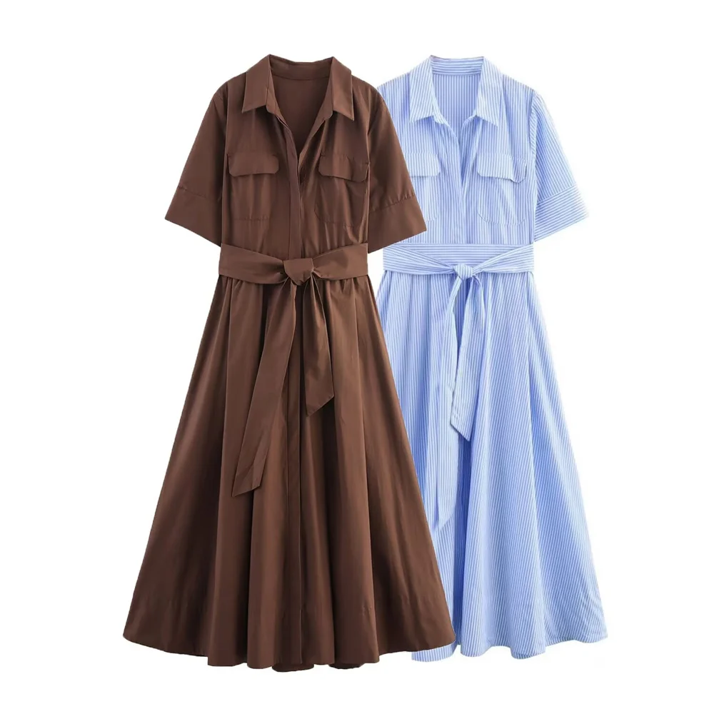 المرأة الخريف جديد التنقل نمط الوجه طوق قصيرة الأكمام حزام الخصر الديكور البوبلين قميص اللباس