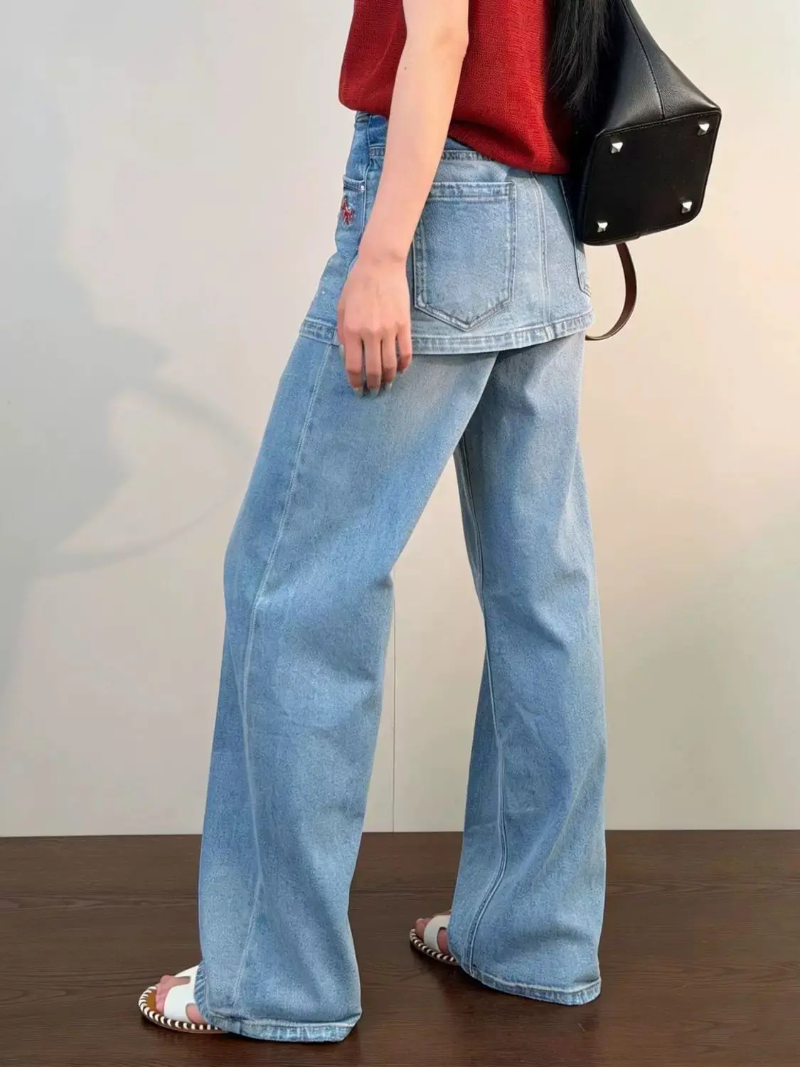 Y2K Fake Two Piece Jeans Blue Pony Hot Diamond Straight Leg Butt Curtain Versatile for American Women