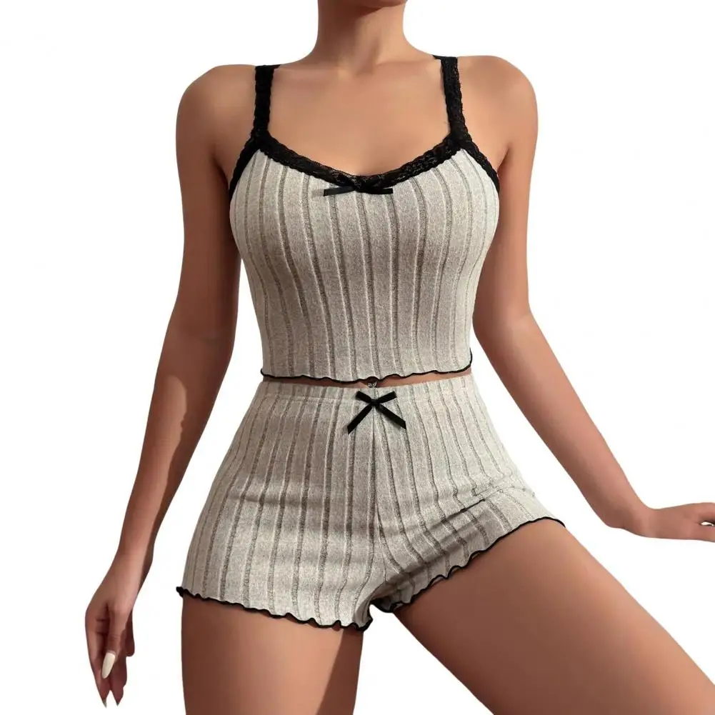 

Women Sleepwear Elegant Lace Trimmed Women's Summer Pajama Set with Crop Top High Waist Shorts Backless Nightie for Comfort