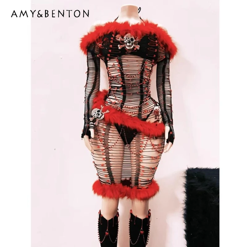 

Панк-дизайн, красный и черный субкультура, женский жилет с бахромой и кисточками, готический комплект с цепочкой из бисера для девочек, женский комплект платья для выступления на сцене