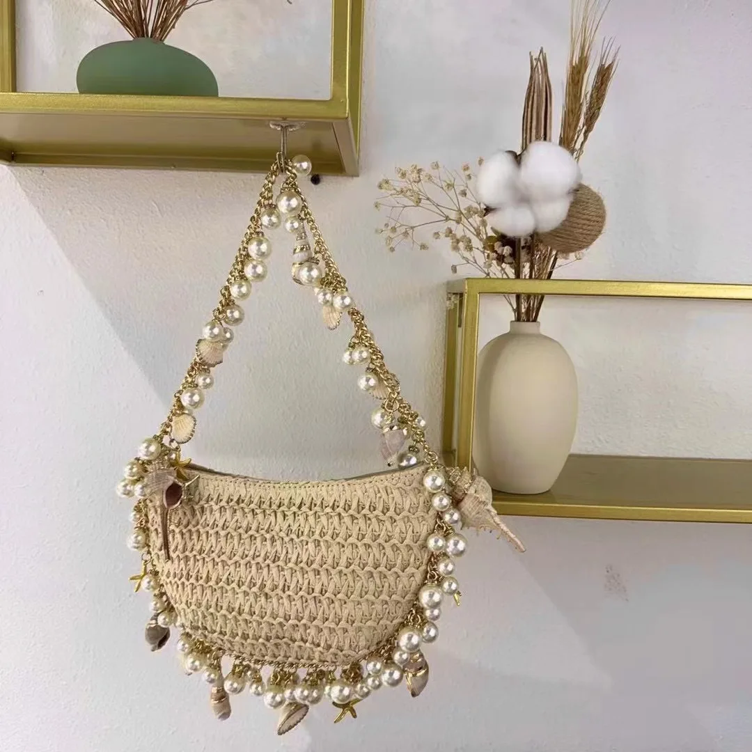 Bolso de paja para mujer, bolsa de mano tejida a mano con perlas de concha, estilo bohemio, para viaje y playa, novedad de 2023