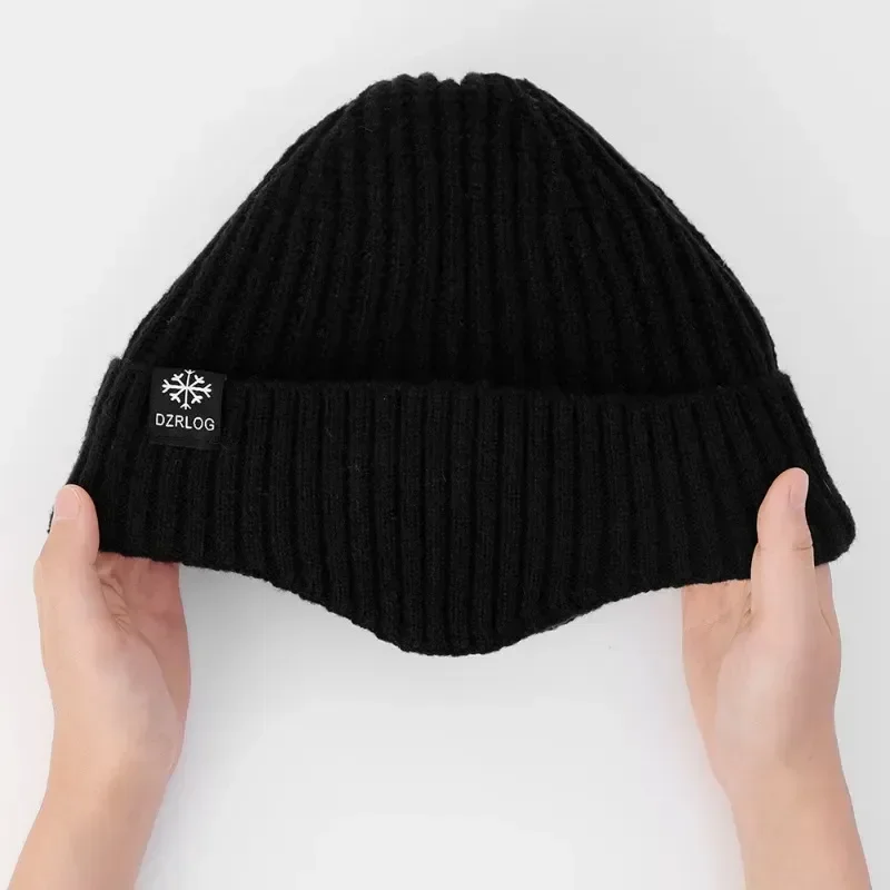 Outdoor Men Winter Knitted Hat Plush Warmth Peaked Cap Earmuff Casual Fashion Faux Fur Lined Hooded Hats Cycling Ear Protection