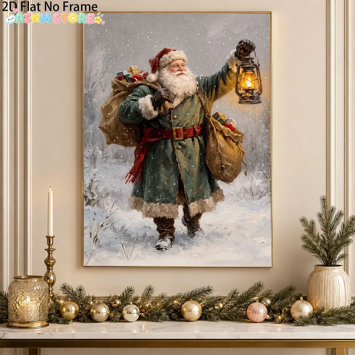 2027, 1pc Santa Claus with Lantern Poster Winter Christmas Vintage Oil Painting Wall Art New Year Unframed Canvas Printing Be