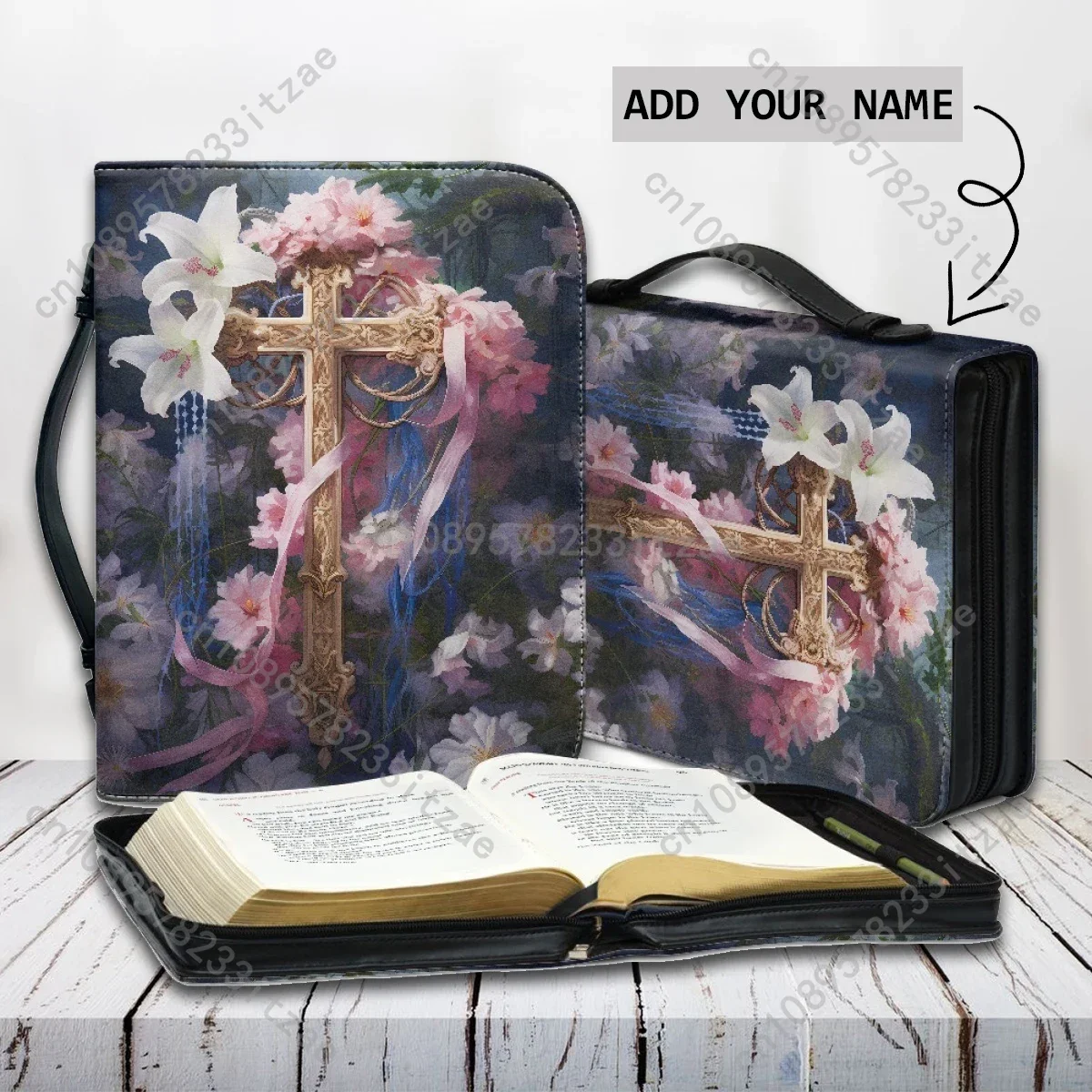

Pretty Floral Corss 3D Design Women's Bible Cover Case PU Leather Christian Bags for Female Casual Handle Holy Study Book Boxes