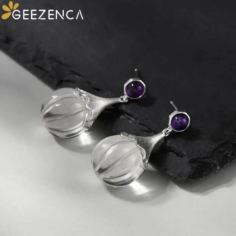 GEEZENCA 925 Silver Natural White Crystal Pumpkin Bead Dangle Earrings For Women Minimalism Chic Water Drop Earring 2023 New