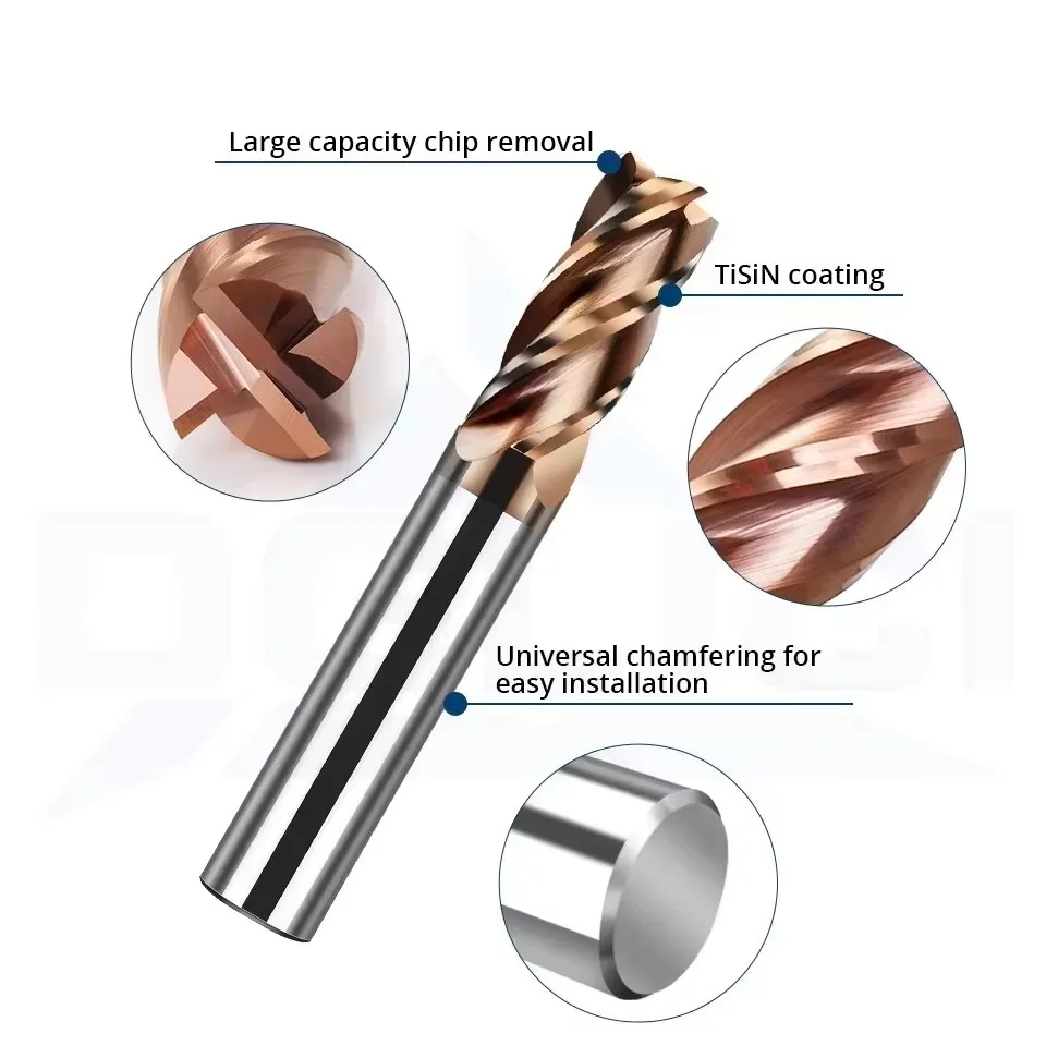 4 Flute Extended Length Flat End Mill, HRC55 Coated Solid Carbide Milling Cutter For Steel CNC Roughing & Finishing Machining