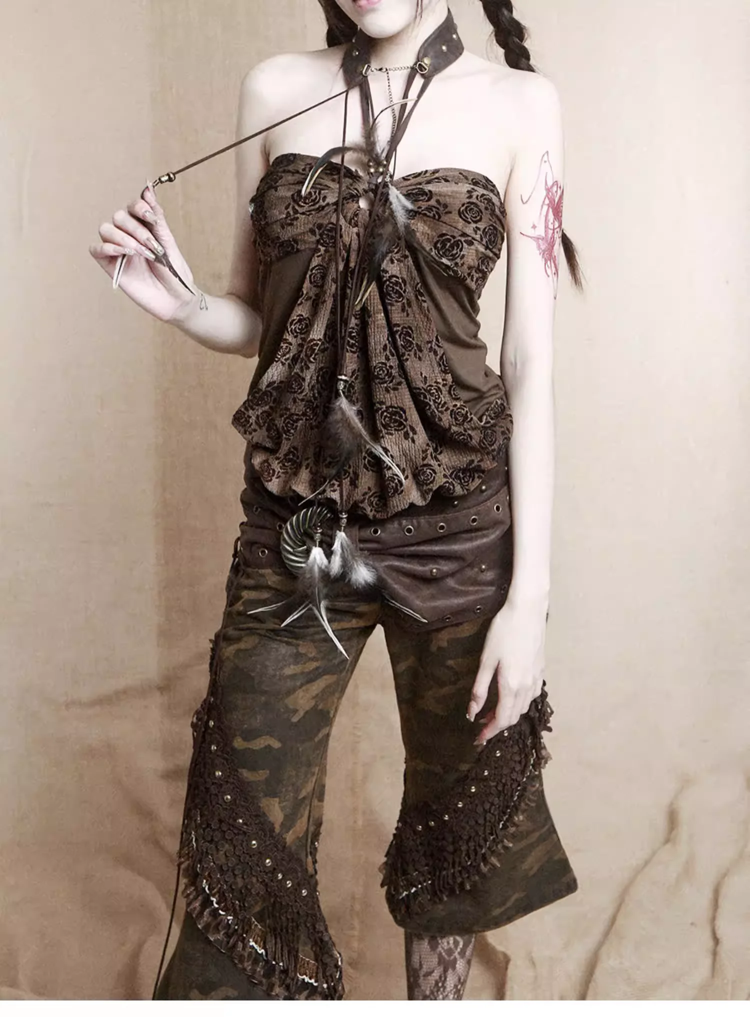 2026 New Spring Summer Retro Personalized Girl Tassel Lace Low Rise Flared Trousers Fashion Straight Brown Asymmetrical Pants