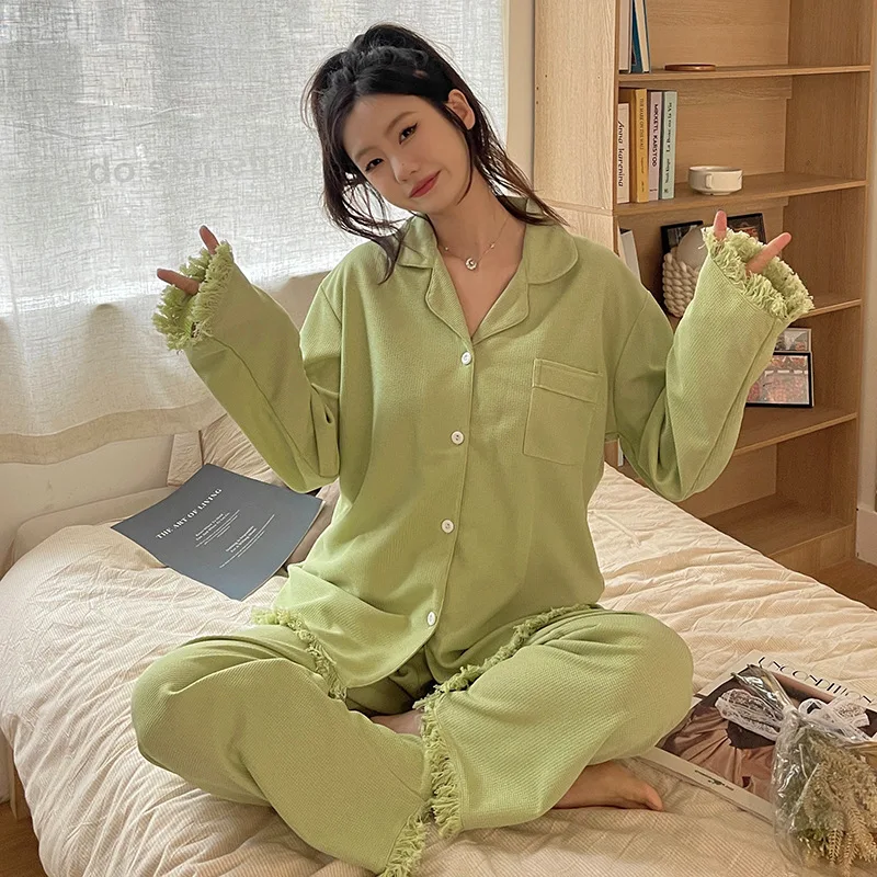 

Women 2 Pieces Pajamas Sets 100% Cotton Pijama Solid Female Pyjama Sleepwear Long Sleeve Shirt Pants Suit Homewear Loungewear