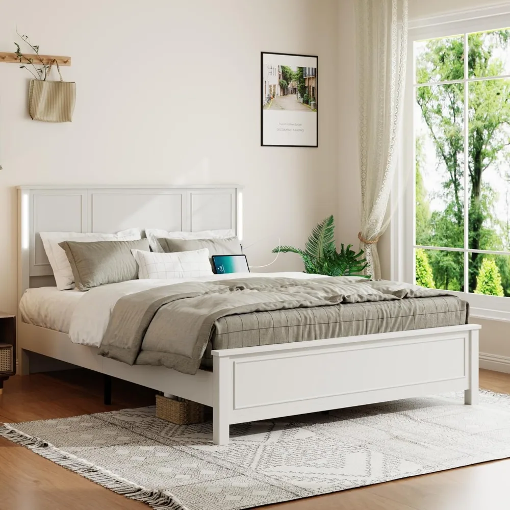 bedstead. White Wooden Bed Frame Queen Size with Headboard, Platform Bedframe with Charging Station Led Lights84