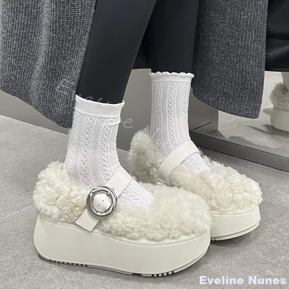 سميكة سوليد امبسوول الصوف الدافئة ماري جين أحذية النساء جولة تو جوفاء كلمة واحدة حزام فروي أحذية جديدة بيضاء عدم الانزلاق لطيف الأحذية