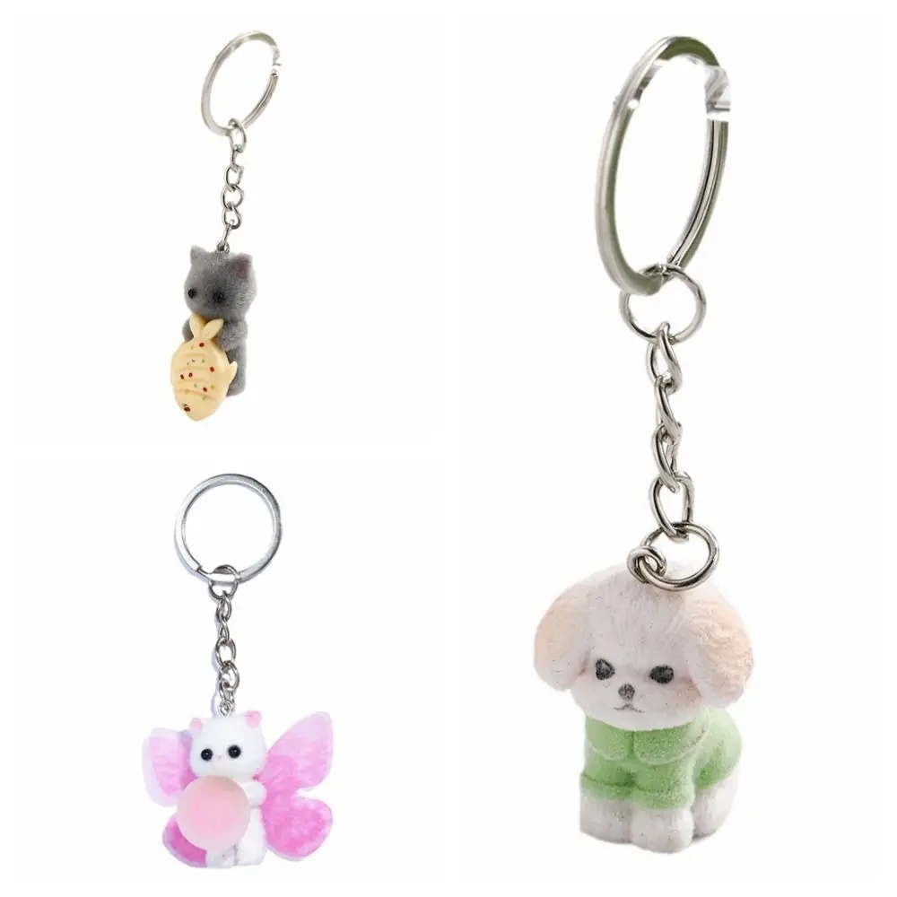 Animal Key Chains Flocking Flocking Cat Keychain Animals 3D Cat Fuzzy Cat Keyring Cute Dog Cat Keychain Men