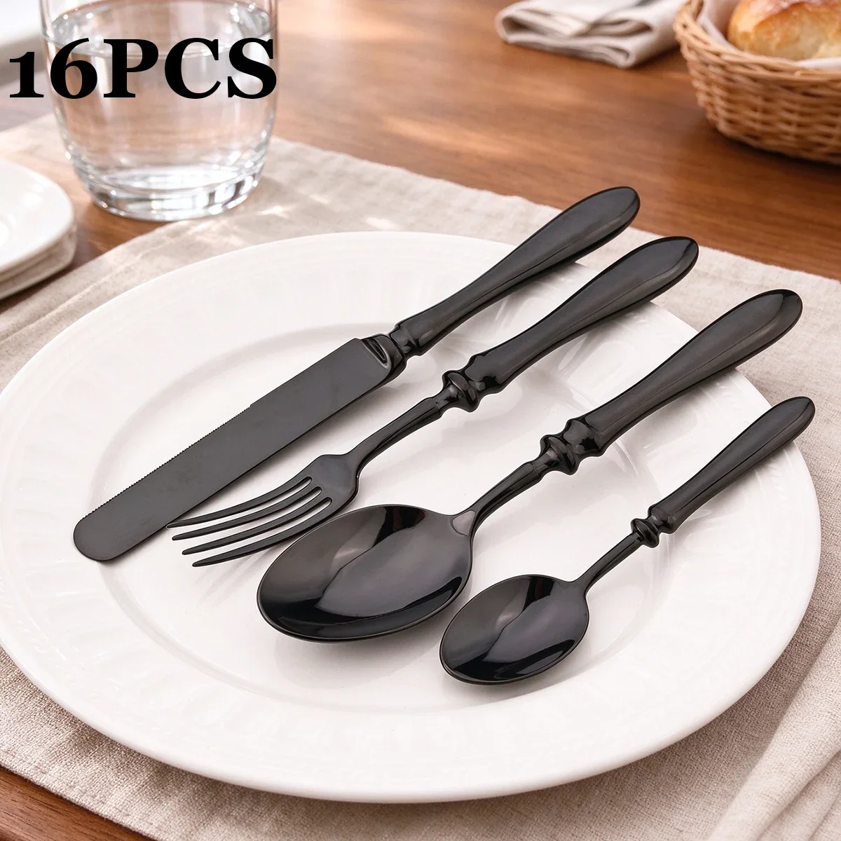 Solid Round Handle Silverware Set for 4 People 16Pcs Western Stainless Steel Dinnerware Mirror Polished Table Knife Fork Spoon