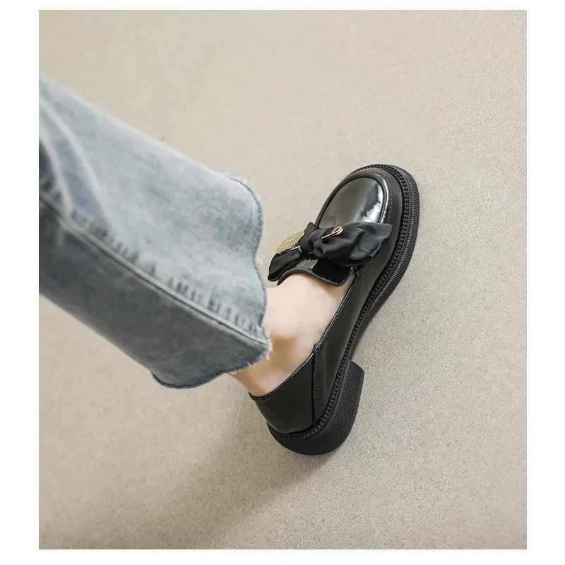 Single Shoe Female British Style Small Leather Shoes Spring and Autumn Retro Black Bow One Foot Soft Sole Single Shoe Female