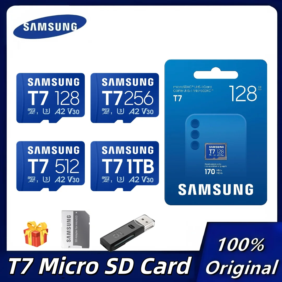 Tarjeta MicroSD Samsung T7 de 1 TB, 512 GB, 256 GB, 128 GB, tarjeta TF de hasta 170 MB/s para jugadores ocasionalmente activados, creadores aficionados y usuarios diarios