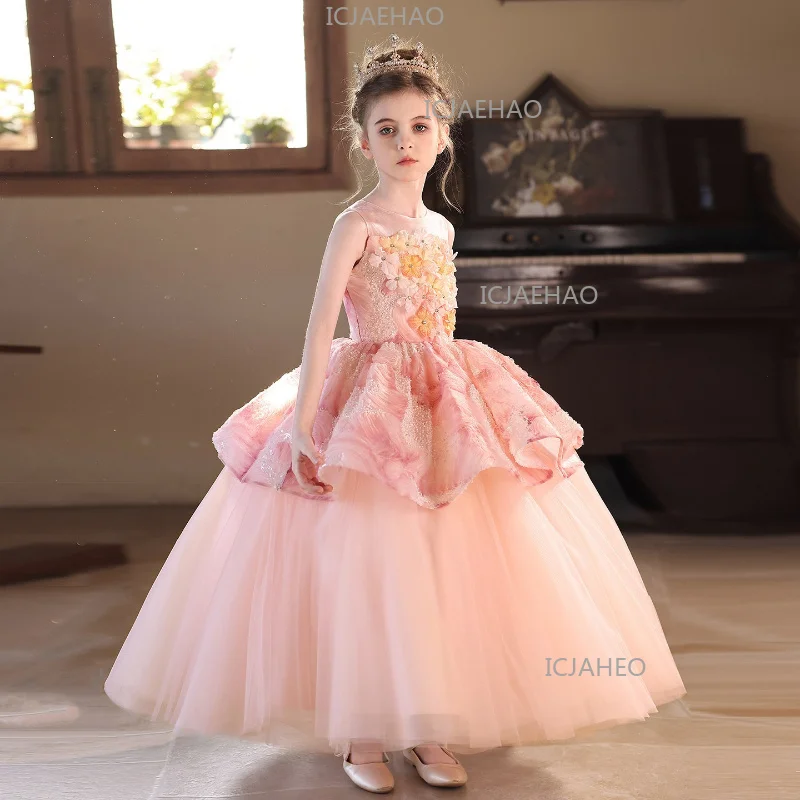 Children Girls Formal Pink Floral Flower Girl Wedding Elegant Gown Piano Performance Costume Birthday Party Banquet Princess