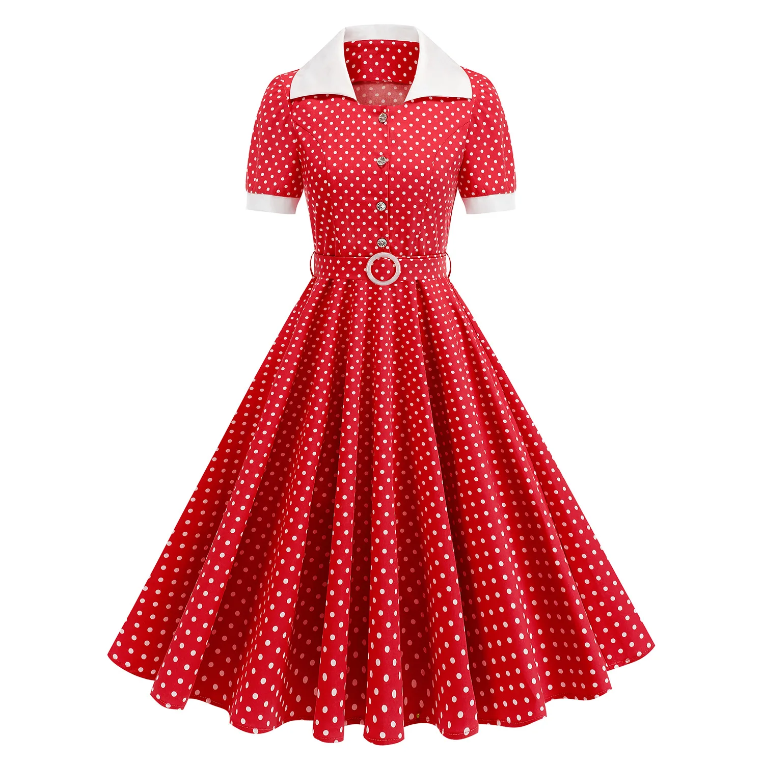 

Hepburn 50S 60S Vintage Polka Dot Buttons Front Rockabilly Dress Women Contrast Collar Short Sleeve Belted Party Swing Dresses