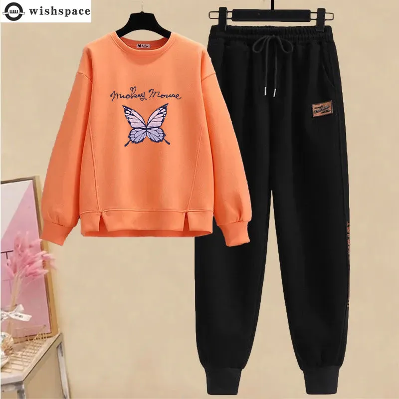 2022 New Spring and Autumn Fashion Set Women+Korean Loose Print Crew Neck Top Casual Sports Harun Trousers Two Piece Set