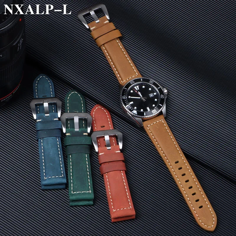 여성을위한 정품 가죽 시계 밴드 팔찌 블랙 블루 브라운 빈티지 매트 시계 스트랩 남성 20mm 22mm 24mm 26mm 손목 밴드