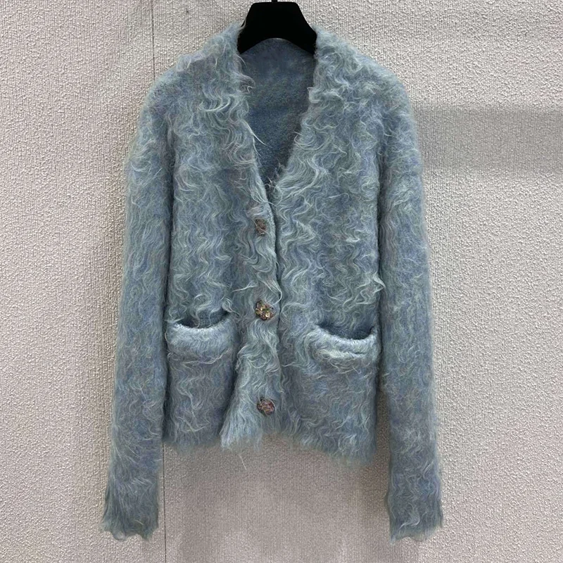 

Высококачественный женский плюшевый кашемировый мягкий кардиган с V-образным вырезом, красочной застежкой на одной пуговице и большой карманный свитер 2592493