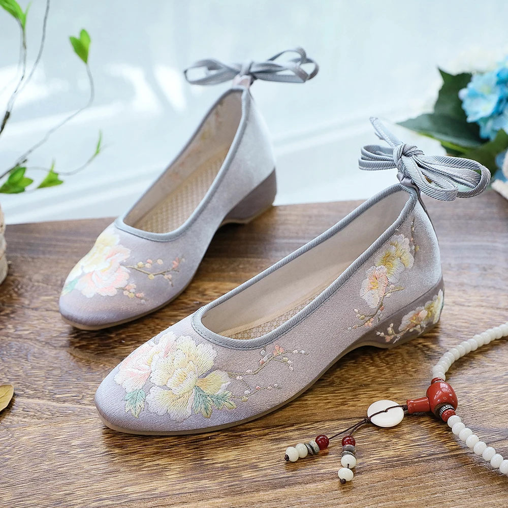 Veowalk Long Ankle Strap Summer Women Gauze Mesh Embroidered Ballet Flats Breathable Comfortable Walking Shoes for Elegant Lady