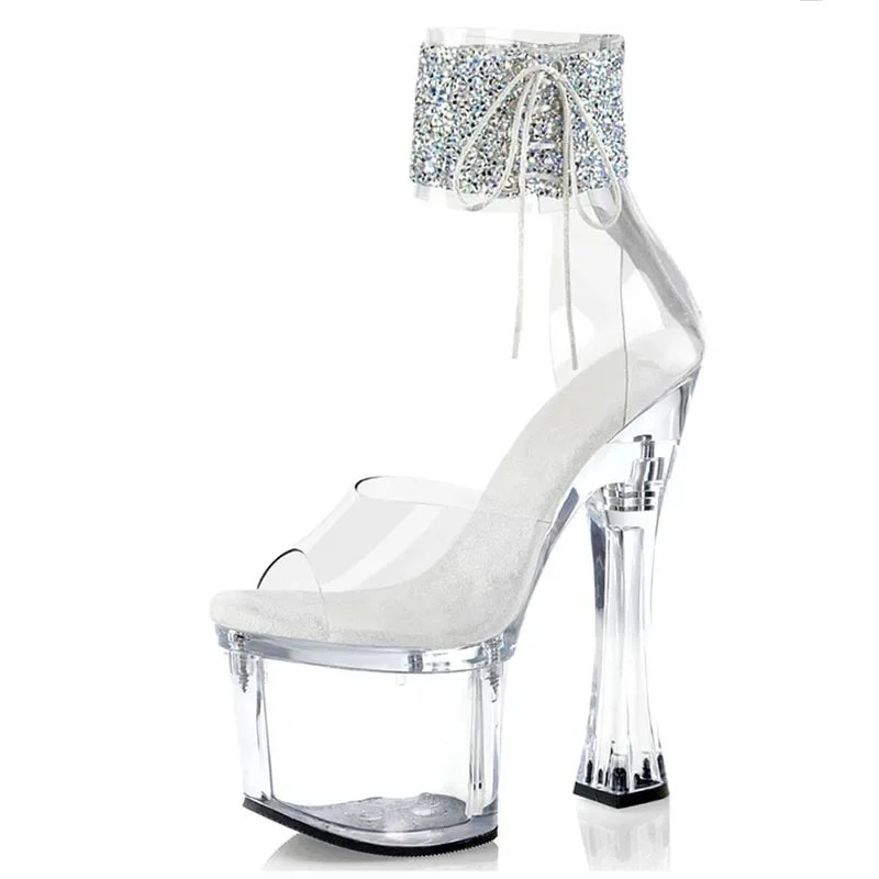 Women\'s Sandals Sparkling Pink Transparent Crystal Sex Pole Dance Sexy Nightclub Buckle Strap Waterproof Platform Women Shoe