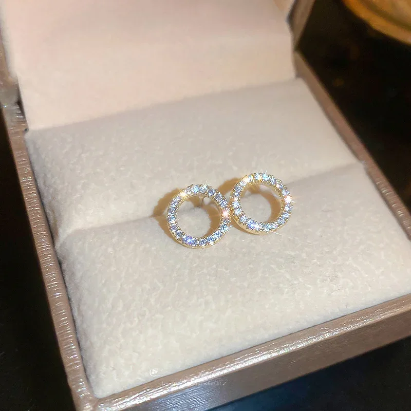 Women's Gold Color Crystal Minimalist Circle Stud Earrings
