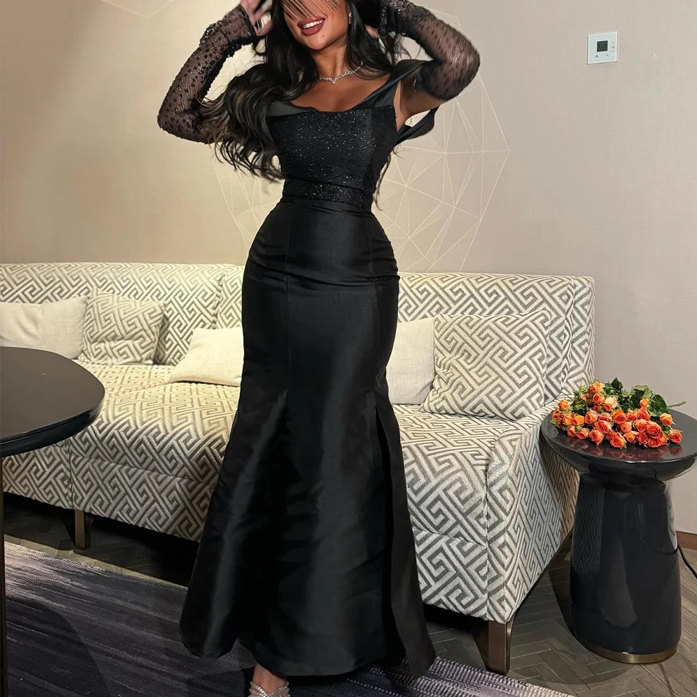 

Exquisite Front Slit Off the Shoulder Sequined Pleats Evening Dresses Delicate Mermaid Satin Long Sleeves Black Party Gowns