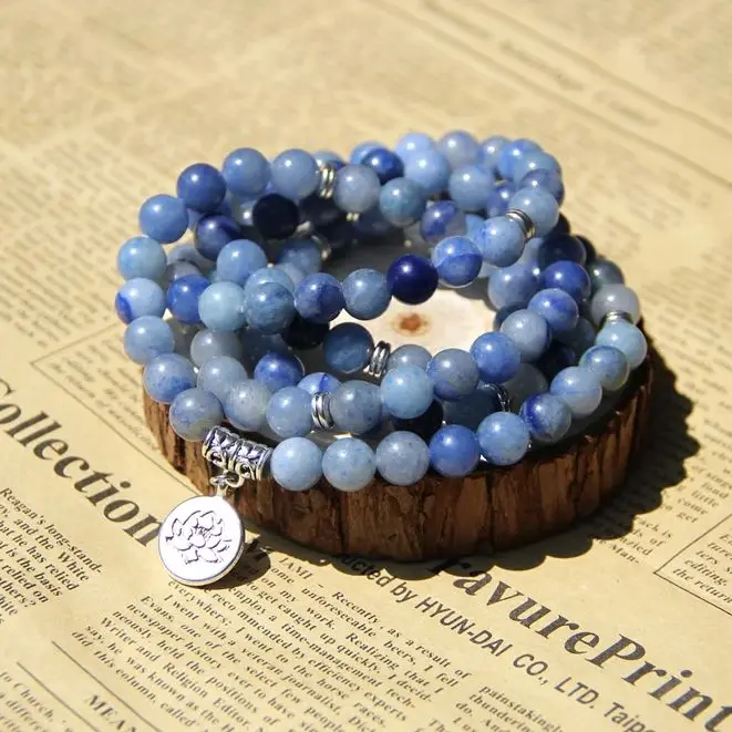 Buddhist 108 Beads Bracelet Buddha Prayer Mala Bracelet 6MM Sodalite Chalcedony Stone Lotus Charm Necklace Yoga Jewelry Gift