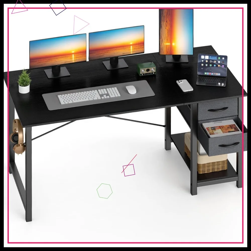 

Современный компьютерный стол 48 дюймов с ящиками, X-образная усиленная конструкция для домашнего офиса, регулируемое хранилище и боковой крючок, черный цвет