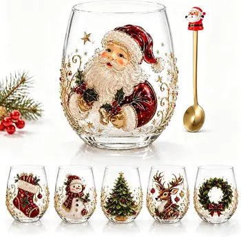 3D Christmas Glass Cup Set – 6-Piece Stemless Holiday Drinkware 1