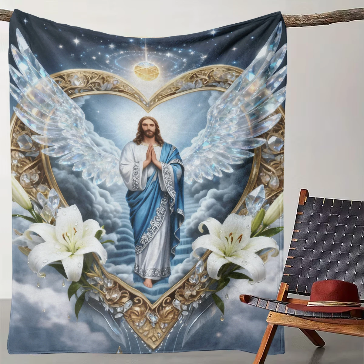 

1 piece Crystal Wings Jesus Blanket Heart Lily Divine Gorgeous Flannel Throw