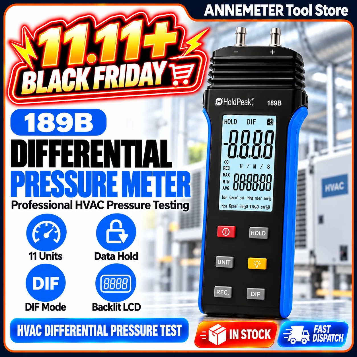 HVAC Digital Differential Pressure Gauge 30 Psi Manometer 11 Selectable Units Backlight Ventilation Burner Tester