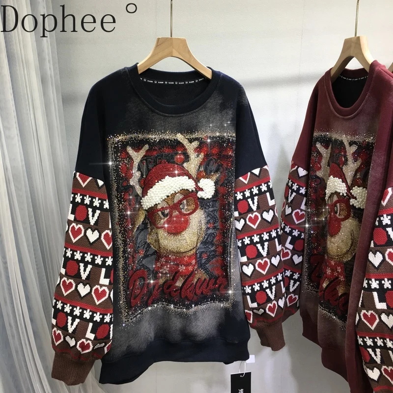 

Thicken Fleece Women Sweatshirt New Autumn Winter Cartoon Hot Drilling O-neck Pullover Hoodie Top Color Splicing Knitted Sleeve