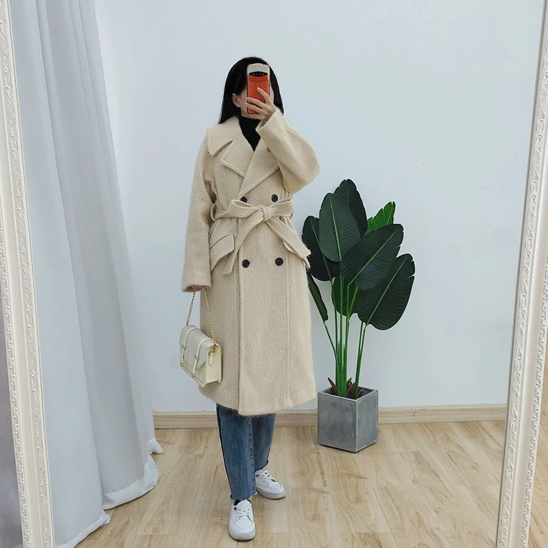 

Зимняя новая двубортная куртка с воротником, Женское пальто, модная свободная утепленная Длинная шерстяная Повседневная ветровка, женская верхняя одежда