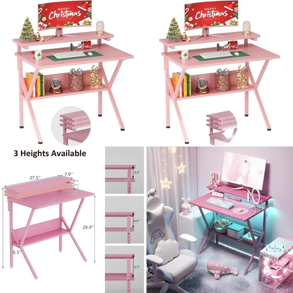 مكتب مدمج 27.5 وردي مع حامل شاشة قابل للتعديل، وحدة تخزين، للمكتب المنزلي وغرفة النوم