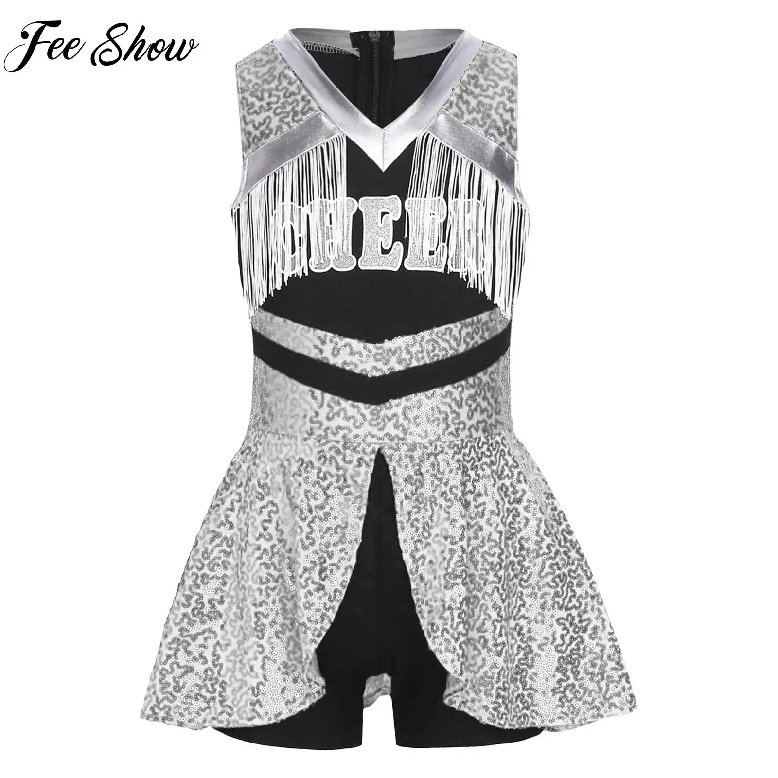 

Girls Cheerleading Uniform Bodysuit Cheering Team Dance Costume Sleeveless Sequins Tassels Boyshorts Jumpsuit Performance Wear