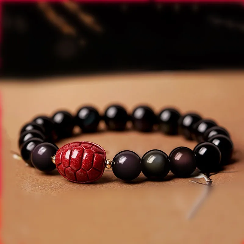 

Obsidian Bracelet with Vermilion Rich Turtle Face Men and Women's Fashion Simple Single Loop Hand String Lovers' Style