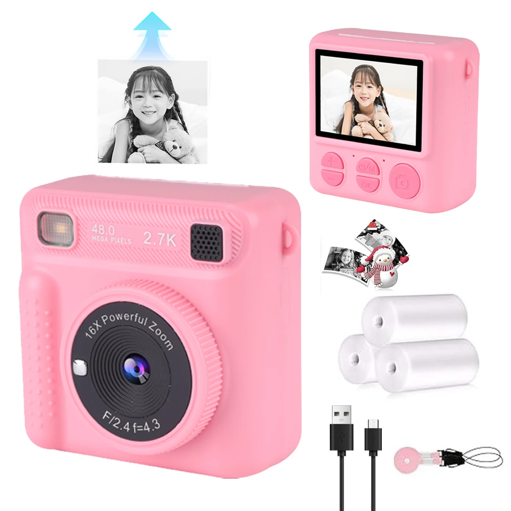 Câmera para crianças de impressão instantânea, câmera digital 24MP HD 1080P com 3 rolos de papel de impressora Câmera de impressão fotográfica instantânea de 2,4", sem cartão