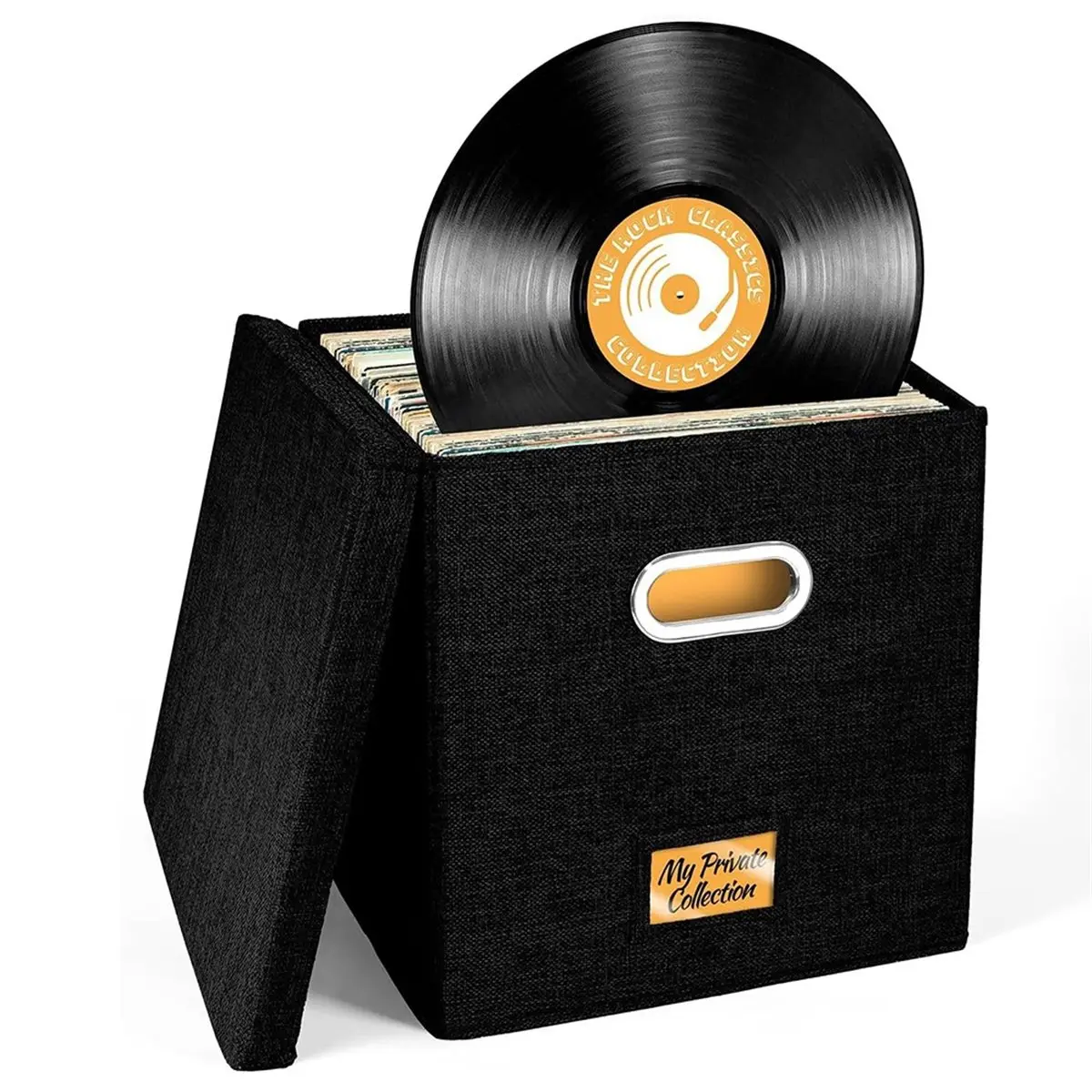 Vinyl Record Storage Box for 50+ Albums, Stylish Crate for LPs, Moving & Home Organizer