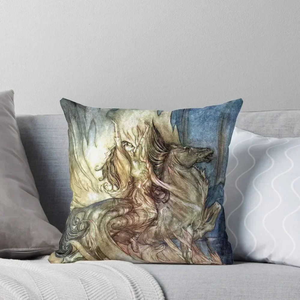 

Brünnhilde on Grane leaps onto the funeral pyre of Siegfried - Arthur Rackham Throw Pillow Cushion Cover Set pillow