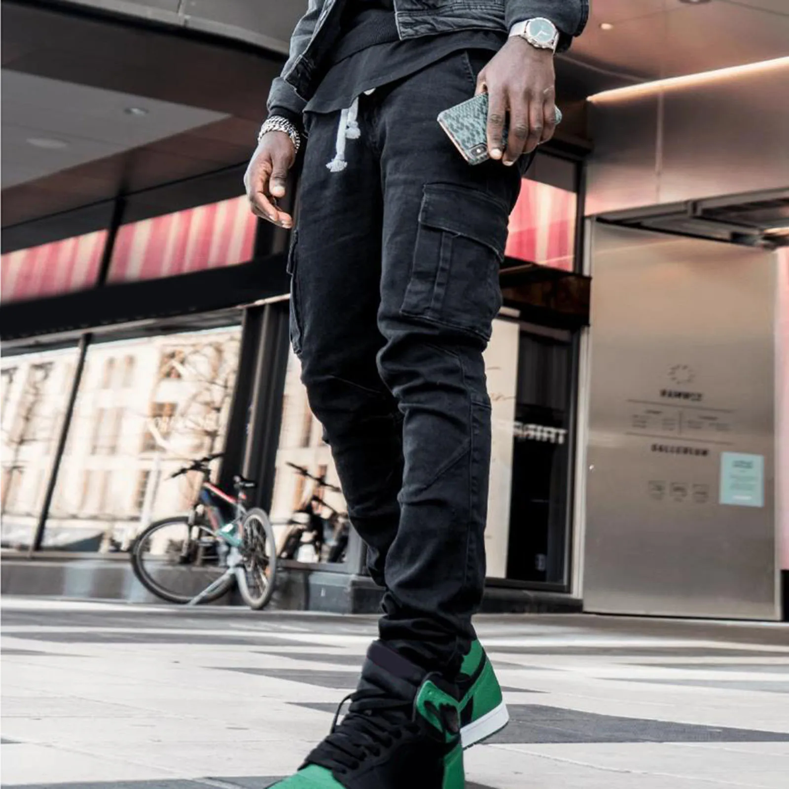 Mens Streetwear Jeans Trousers Fashion Skinny Black Hole Buckle Zipper Middle Waist Denim Long Pants Slim Fit Multi Pockets Pant