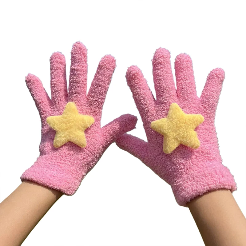 Fresh Sweet New Cute Star Five-finger Plush Gloves for Girls Winter Warm Students Outdoor Riding Anti-freezing Gloves