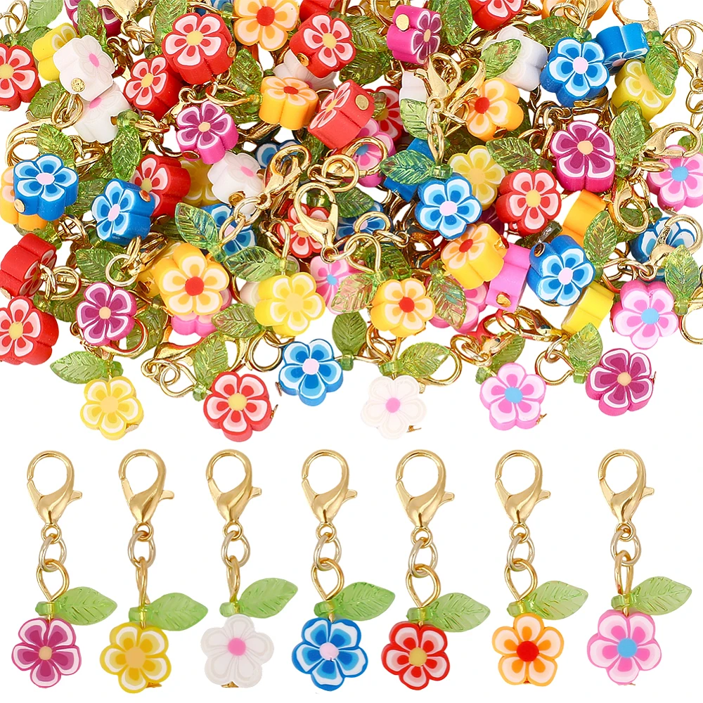 80Pcs Flower Stitch Markers Charms Handmade Polymer Clay Pendant Decorations Alloy Lobster Claw Clasps Charms Knitting Crochet
